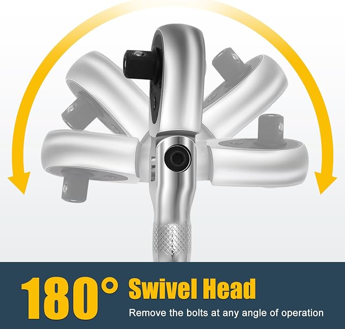 YIYEIE Stubby Flex Head Ratchet Set, 6PCS Stubby Ratchet Set 1/4 3/8 1/2 inch with 3 Extension Bars, 72 Tooth Reversible & Quick-Release, 180° Swivel Head Mini Handle with EVA Foam