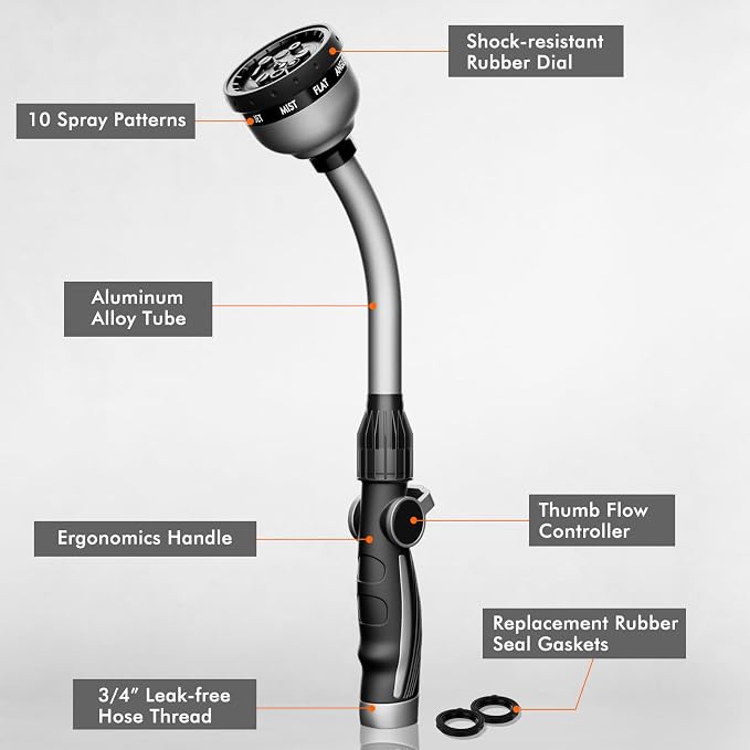 RESTMO Watering Wand Heavy Duty, Metal Garden Hose Wand with Thumb Flow Control, 15-Inch Long Hose Nozzle Sprayer with 10 Spray Patterns, Ideal to Water Hanging Baskets and Shrubs, Silver