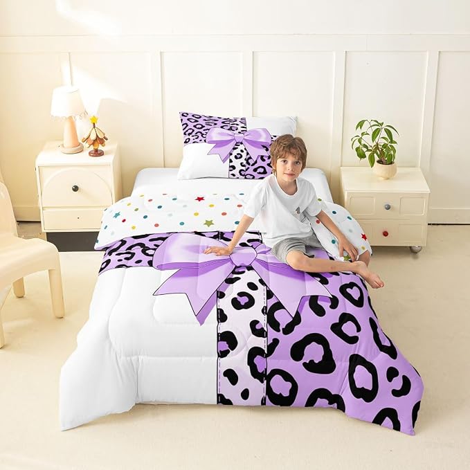 Feelyou Leopard Print Bedding Set Soft for Boys Girls, Purple Cheetah Bow Comforter Set Twin Size Animal Fur Duvet Quilt Microfiber Bedroom Decor 2 Pcs with 1 Pillow Cases
