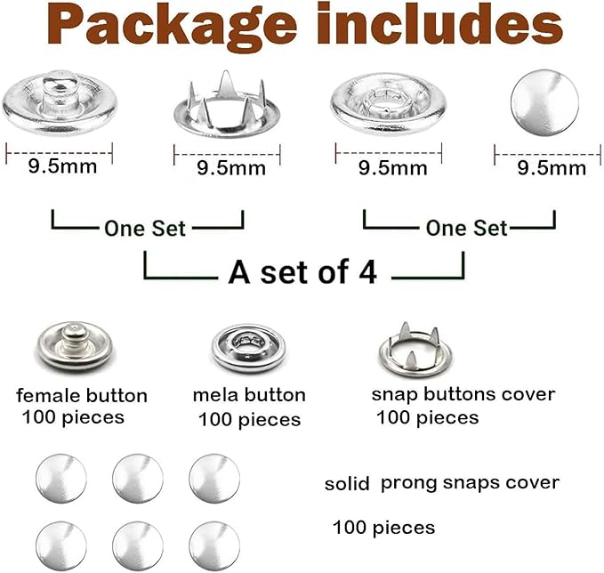 100 Sets Metal Snaps Buttons with Fastener Pliers Press Tool Kit Perfect for DIY Crafts Clothes Hats and Sewing (Silver Solid Prong Snaps)