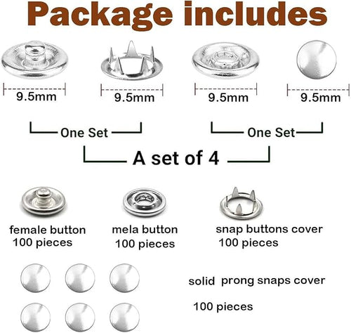 100 Sets Metal Snaps Buttons with Fastener Pliers Press Tool Kit Perfect for DIY Crafts Clothes Hats and Sewing (Silver Solid Prong Snaps)