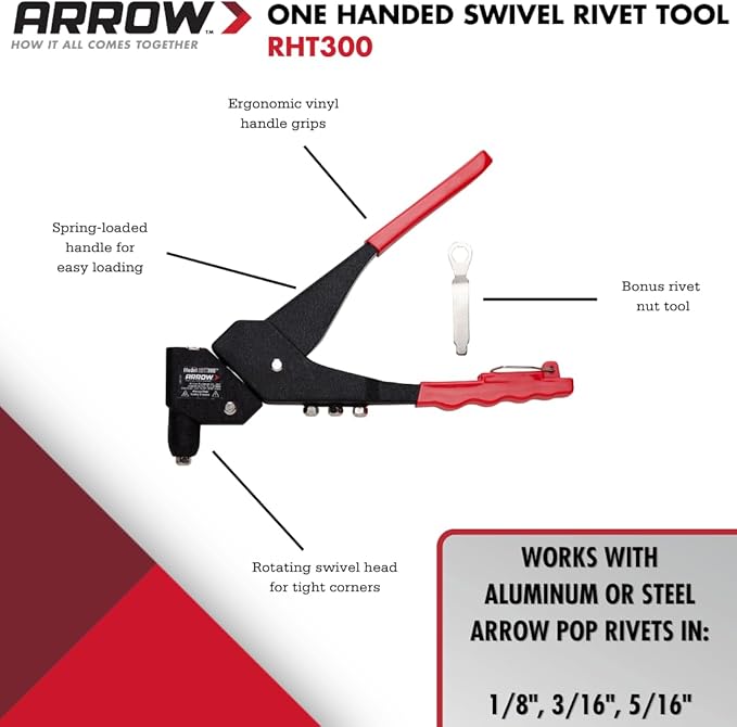 Arrow RHT300 One-Handed Swivel Rivet Tool, Manual Riveter for Metal, Fabric, Leather, and Auto Repair, Uses 1/8-Inch, 3/16-Inch, 5/16-Inch Rivets