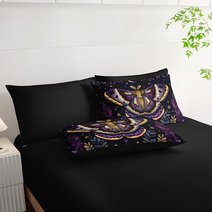 Gothic Moth Comforter Sets Twin Size,Bohemian Butterfly Vegetation Leaf Flash Bedding for Kids Room Decor,Mysterious Aesthetics Bedding with Comforter,Fitted Sheet,Flat Sheet,Pillowcases.