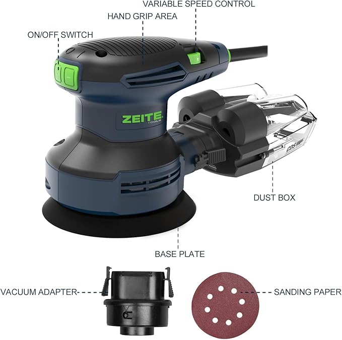 ZEITE Random Orbital Sander Tool, Electric Palm Sander, 3.0 Amp Wood Sanding Machine, Variable Speed 5000-12000 OPM, Cyclonic Dust Box, Vacuum Adapter, 12Pcs 5" Sandpapers for Sanding and Polishing
