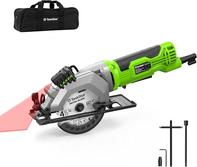TaskStar Mini Circular Saw with Laser Guide: 4.8A 4000RPM Compact Corded Power Cutter, 4-1/2 in Electric Hand Tool with Rip Fence, 3 Blades for Wood, Soft Metal, Tile, Plastic Cutting