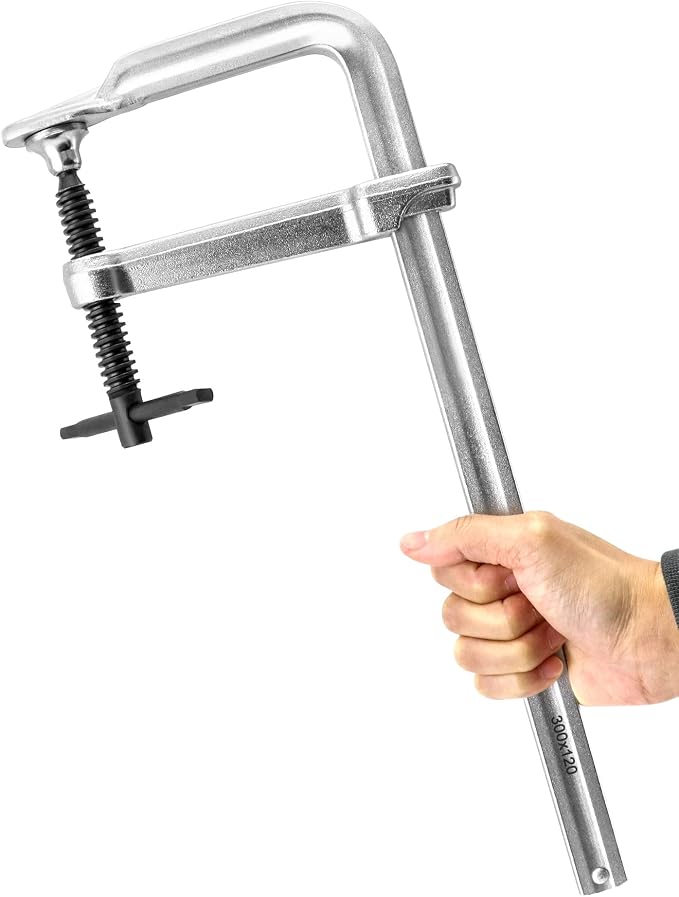QWORK 12" Heavy Duty F Clamp, 4 Pack Drop-forged Bar Clamp, 4-3/4 Inch Throat Depth, 0.87" x 0.42" Guide Bar, Professional Forging Jaws, Rail, Spindle and Handle