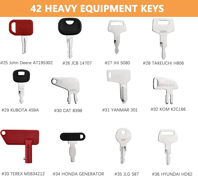 42 Heavy Equipment Keys Master Set, Construction Ignition Key for Cat Caterpillar Case JD John Deere Hyster Komatsu Kubota Yanmar Daewoo Takeuchi Ford New Holland Volvo JCB & etc