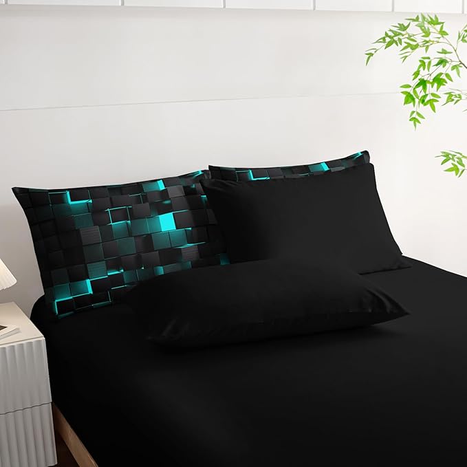 Nttopship Geometric Turquoise Black Full Comforter Set,Light Honeycomb Bedding Set 7 Piece in A Bag,Bed Sheet Set Geometry Decor,Microfiber Lightweight All Season