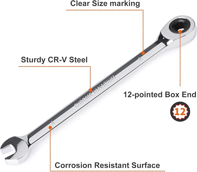 Egofine 6mm Ratcheting Combination Wrench Metric, Industrial Grade Gear Spanner with 12-Point Design, 72-Tooth Ratchet, Chrome Vanadium Steel