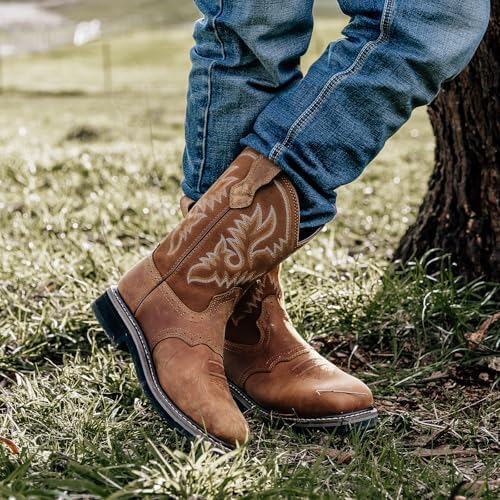 HISEA NINGO Steel Toe Work Boots for Men Square Toe Cowboy Boots Soft Toe