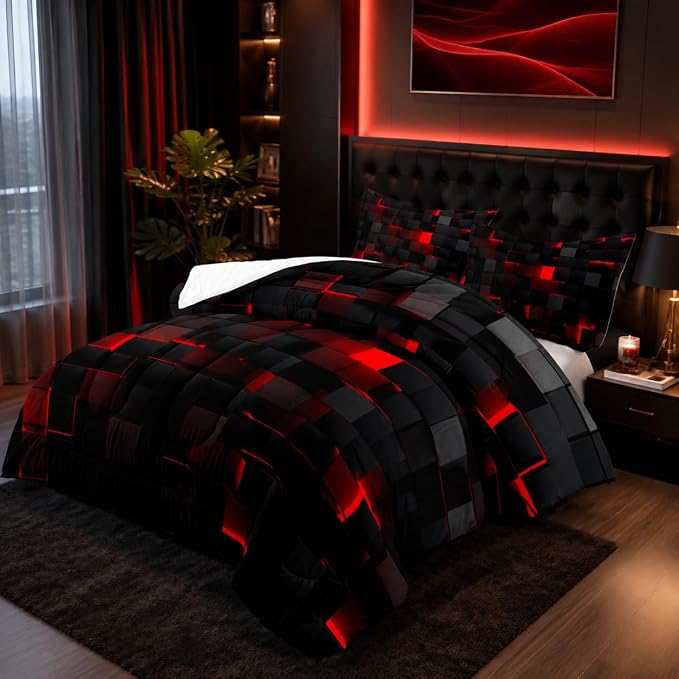 Nttopship Geometric Red Black Comforter Set,Light Honeycomb 3 Piece Bedding Set Queen for Teen Boys,Modern Bedding Quilt Set Geometry Decor,Microfiber Lightweight 1 Comforter 2 Pillowcases All Season