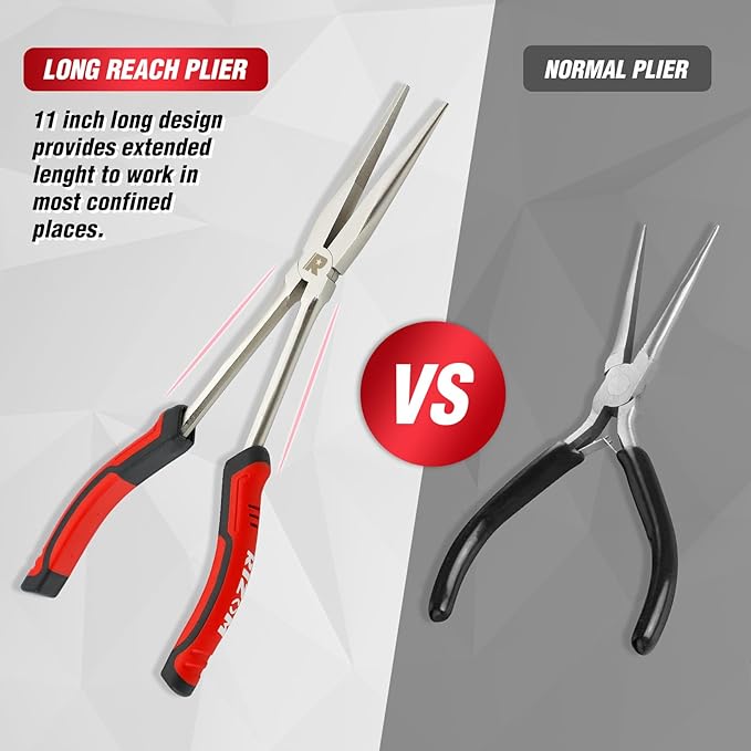 RIZOM 11 Inch Long Needle Nose Pliers, 3Pcs Needle Nose Pliers Set, 90° & 45° Bent Nose Pliers Designed for Long Reach and Narrow Spaces, Includes Storage Bag