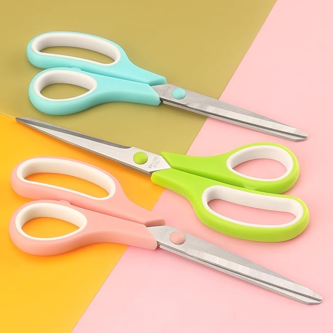 Scissors All Purpose Bulk Set of 3, Scissors for Office Home School Craft Supplies, Soft Comfort-Grip Right/Left Hand, Viridian, Vivid Green, Pink