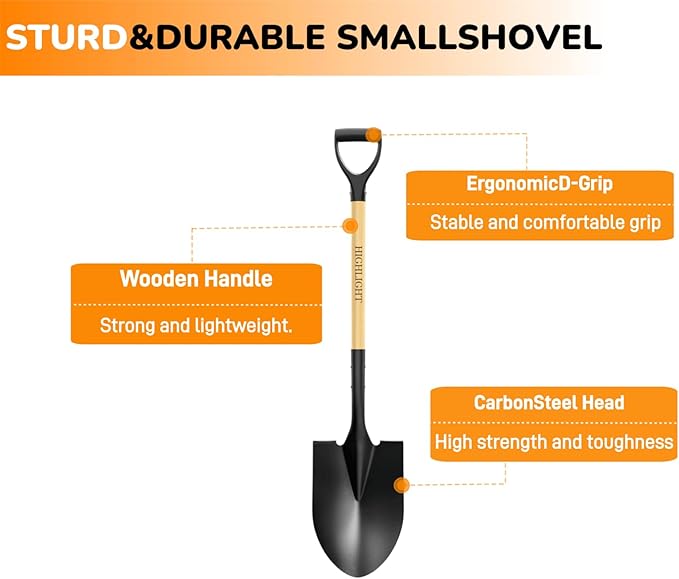 Heavy Duty Garden Shovel for Digging, 41 Inch Round Point with D-Handle, Cold Rolled Steel Blade- for Edging, Trenching, Transplanting, Snow Removal - Wood Handle for Camping, Beach, Car Emergency