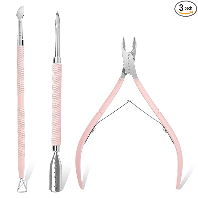 Makartt Cuticle Trimmer with Cuticle Pusher, 3 PCS Pink Nail Cuticle Nipper Professional Pedicure Manicure Tools with Stainless Steel Dual End Pusher, Nail Scraper