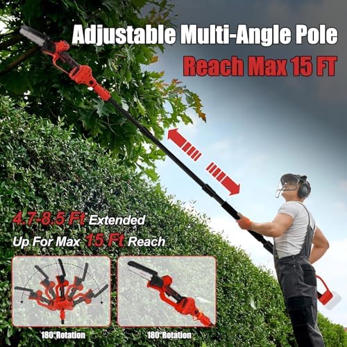 6 Inch Cordless Pole Saw for Milwaukee 18V Battery (No Battery), Brushless Electric Chainsaw with Extension Pole, 15Ft Long Reach for Tree Pruning Hedge Cutting