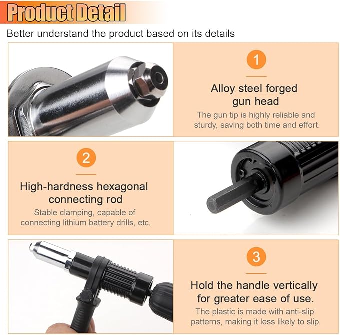 Pop Rivet Gun Adapter Kit, Cordless Electric Power Drill Rivets Attachment with 4 Rivet Heads 2.4mm, 3.2mm, 4.0mm & 4.8mm, Riveter Insert Nut Tool for Pop Riveting Work