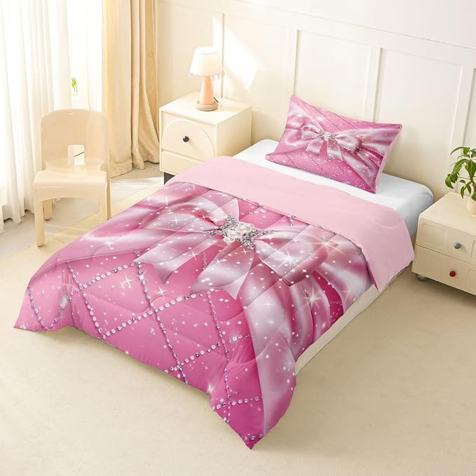 Feelyou Pink Bowknot Comforter Set All Season Ribbon Glitter Bow Bedding Set with 1 Pillow Cases Dreamy Princess Microfiber Kids Twin Bedclothes Bedroom Decor Duvet Quilt Breathable Soft Lightweight