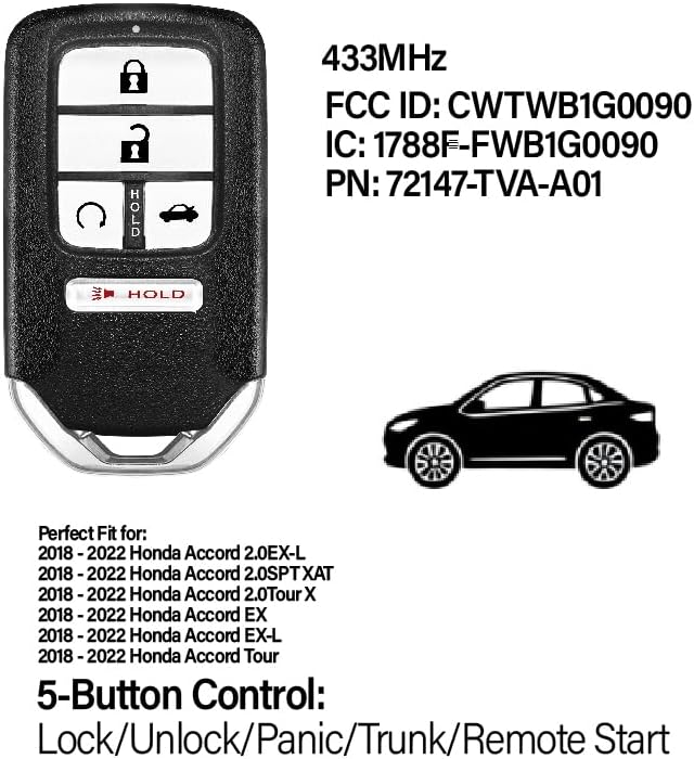 Car Key Fob Remote Keyless Entry Control CWTWB1G0090 433MHz 5 Button Replacement for 2018-2022 Honda Accord 2.0EX-L EX Tour - 2 Pack