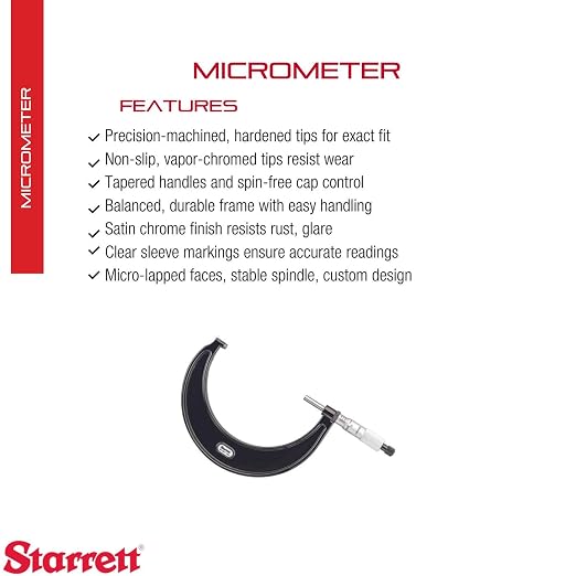 Starrett Outside Micrometer with Micro-Lapped Measuring Faces, Satin Chrome Finish and Advanced Sleeve Design - Quick and Easy Adjustment, .001" Graduations - 436.1XRL-5