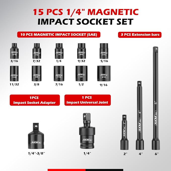 1/4 Inch Drive Magnetic Impact Socket Set, 15-Piece SAE, 1/4 Inch-9/16 Inch, 6 Point, Cr-Mo, Square Drive, Magnetic Socket with Impact Socket Adapter, Universal Joint & Extension