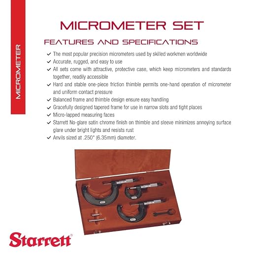 Starrett Outside Micrometer Set with One-Piece Friction Thimble, Tapered Frame and Satin Chrome Finish - Quick and Easy Adjustment, 0-3"Set Range, .0001" Graduation - ST436.1AXRLZ
