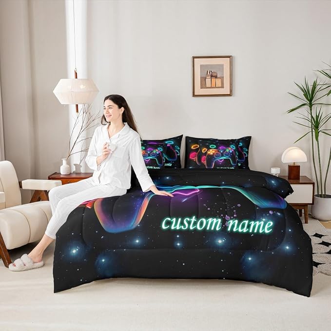 Customized Game Consoles Boys Twin Comforter Set for Boys Bed in a Bag 7 Piece Gamer Gifts,Personalized Gaming Twin Bedding Sets for Space Glow Geometric Kids Comforter Sets Boy,Gamer Decor