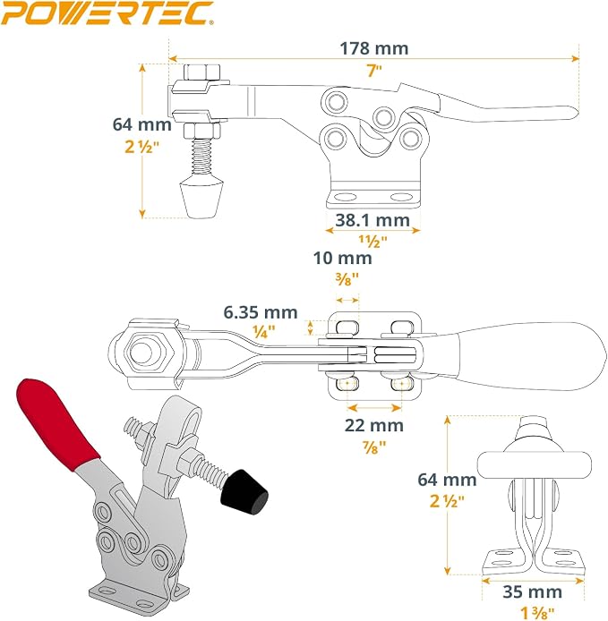 POWERTEC 1PK Toggle Clamp, 500 lbs Holding Capacity, 225D Quick Release Horizontal Clamps w/ Antislip Rubber Pressure Tip for Woodworking Jigs and Fixtures, Welding, Drill Press, Crosscut Sled (20301)