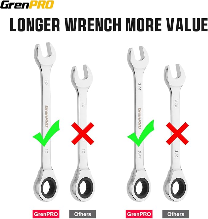 GRENPRO Ratcheting Wrench Set, Combination Wrench Set, 22-Piece SAE & Metric and Standard, 72Th Long Open End, 1/4" to 3/4" & 6-18mm, Organizer With Roll Up Pouch, CR-V Socket Mechanic Hand Tools Sets
