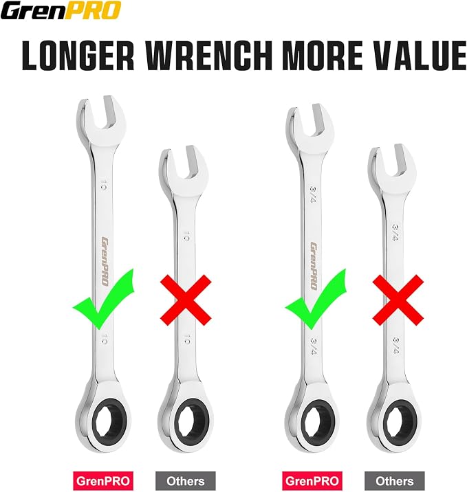 GRENPRO 23PCS Ratcheting Wrench Set Metric & SAE Combination Open End | 1/4"-3/4" & 6-18MM Bolt Gauge, CR-V Steel 72-Tooth 5-Degree Swing 12Pt, Roll Pouch For Auto &Home Repair, Corrosion Resistant
