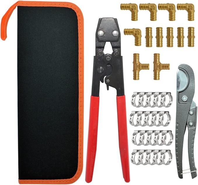 TT Flex Brass PEX Fittings All in One Kit with 12 Pcs 1/2" Tee Elbow Coupling Pipe Fittings，Pex Cinch Clamp Fastening Tool,Pipe Cutter and 20 Pcs 1/2" PEX Clamps