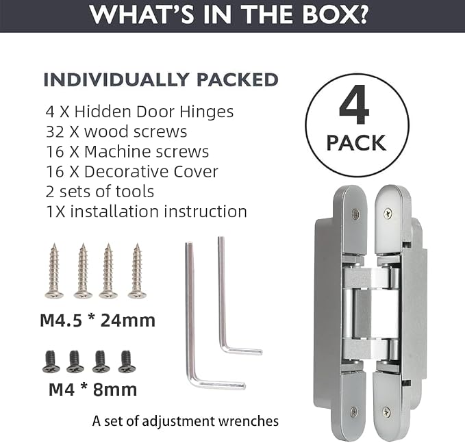 4-Pack 7 inch Silver Hidden Door Hinges,Heavy Duty Zinc Alloy Concealed Hinges, 180 Degree Invisible Hinge, 3 Way Adjustable Butt Hinge