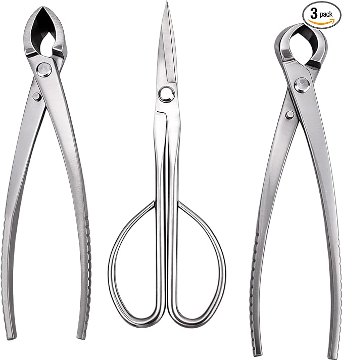 3pcs Bonsai Tool, Professional Stainless Steel Bonsai Trimming Kit with Knob Cutter Concave Cutter Leaf Scissors for Precision Pruning Shaping and Plant Care