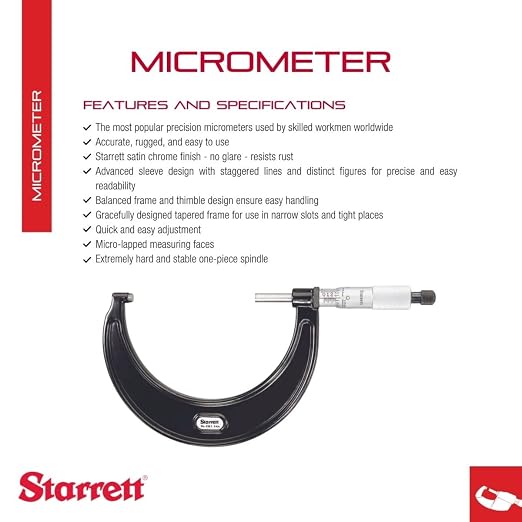Starrett Outside Micrometer with One-Piece Spindle, Satin Chrome Finish and Tapered Frame - Quick and Easy Adjustment, 3-4" Range, .0001" Graduation - T436.1XRL-4