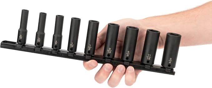 TEKTON 3/8 Inch Drive Impact Socket Set, 9-Piece | SID91101 | (5/16 - 3/4 in.), Deep, 6-Point, Socket Rail