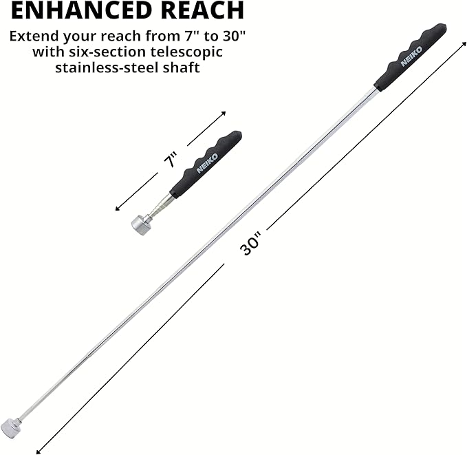 NEIKO 53425A Magnetic Pickup Tool, 25 Lb Telescoping Tool, 30" Long Extendable Magnet Pick Up Tool, Non-Slip Grip Wand, Telescopic, 7" Short Stick, Extra Strong