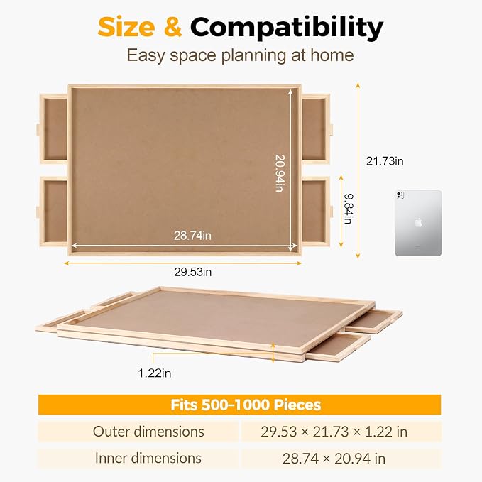 BuilderButler 1000 Pieces Rotating Puzzle Board with 4 Drawers,28.74"x20.94" Portable Wooden Jigsaw Puzzle Table with Lazy Susan Spinning Cover for Adults
