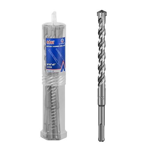 SALI SDS Plus Rotary Hammer Drill Bit 5 Pcs 9/16"*8" Concrete Drill Bit Kit Cross-Type Double Thread Carbide Material Suitable for Concrete, Brick, Cement Walls, Stone, Hammer Drill Bits for Concrete