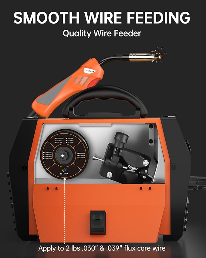 HITBOX 140A MIG Welder Gasless, 110V/220V Dual Voltage Flux Core Welder Flux MIG/Lift TIG/Stick 3 In 1 Synergy MIG Welding Machine With Torch Clamp and 0.8mm Flux Wire