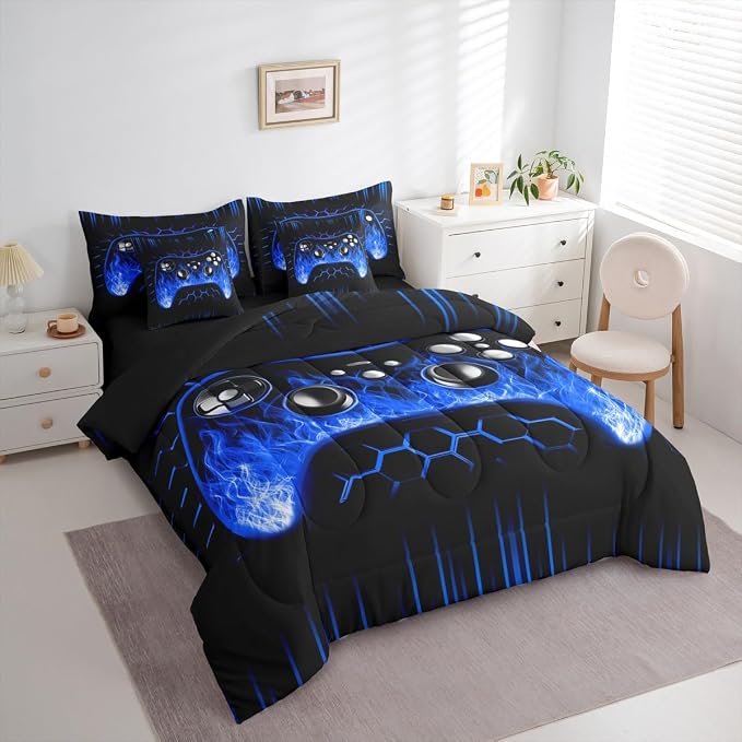 Erosebridal Boys Gamer Bed in a Bag Queen Comforter Set 7 Piece Ombre Art Honeycomb Sheet Set Blue Neon Lights Bedding Set Game Consoles Bed Set Geometry Hexagon Beehive Gaming Room Decor