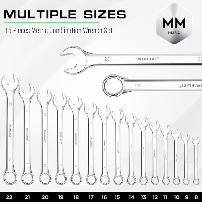 SWANLAKE 15-Piece Metric Combination Wrench Set, 12-Point Max Torque Open End Wrench Set, Cr-V Steel Wrenches 8, 9, 10, 11, 12, 13, 14, 15, 16, 17, 18, 19, 20, 21, 22mm with Storage Rack