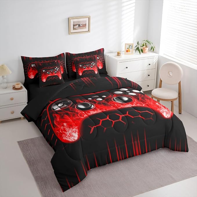 Erosebridal Boys Gaming 7 Piece Comforter Set Full Bed in a Bag Ombre Art Honeycomb Bedding Set Red Neon Lights Comforter and Sheet Set Game Console Bed Set Geometric Hexagon Beehive Gamer Room Decor