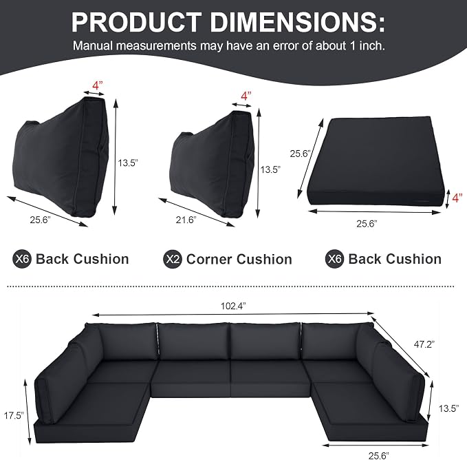 14 Piece Outdoor Furniture Replacement Cushions, Cover+Filling, 25.6" x 25.6" x 4" Foam Waterproof Outdoor Sofa Cushion Sets, Fit Wicker Rattan Sectional Conversation Set, Black