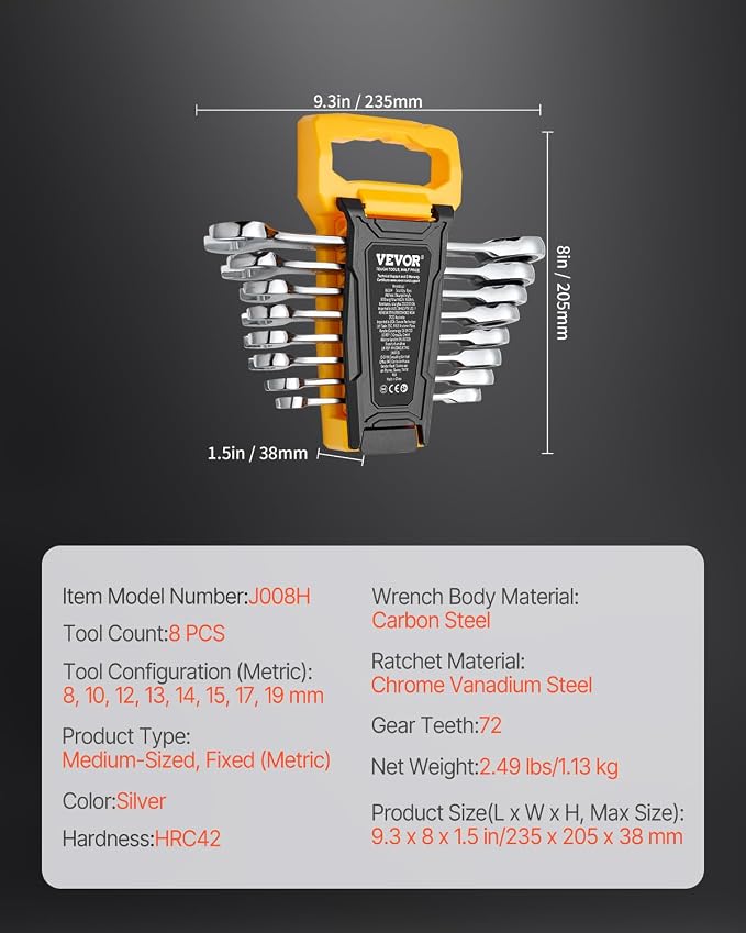 VEVOR Combination Wrench Set, 8-Piece Ratcheting Wrench Set with Organizer Rack, Cr-V Steel, Metric 8 mm to 19 mm, Ideal for General Household, Garage, Workshop, Auto Repairs, Emergency