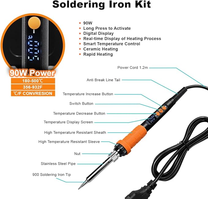 90W Digital Soldering Iron Heat Set Insert Tool with Extra Soldering Tips, Heat Set Insert Tips, and Threaded Inserts Heat Insert Brass Nuts