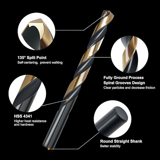29Pcs Cobalt Drill Bit Set, 135 Degree Tip High Speed Steel with Black and Gold Finish, Stainless Steel, Plastic and Wood with Metal Indexed Storage Case 1/16"-1/2"