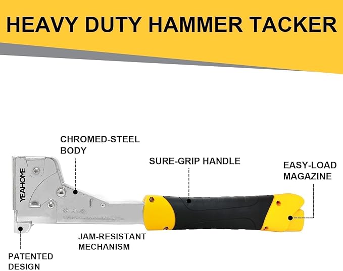 YEAHOME Heavy Duty Hammer Tacker with 6000 T50 Staples of 1/2, 3/8 inches, Steel Construction Manual Hammer Stapler with Anti-jam Magazine for Construction, Roofing, House Wrap, Insulation,Floor