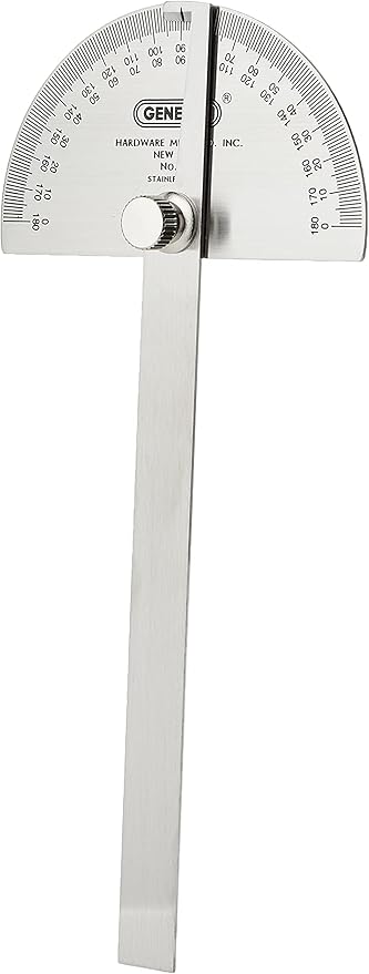 General Tools 18 Round Head Stainless Steel Angle Protractor, 0 to 180 Degrees, 6-Inch Arm