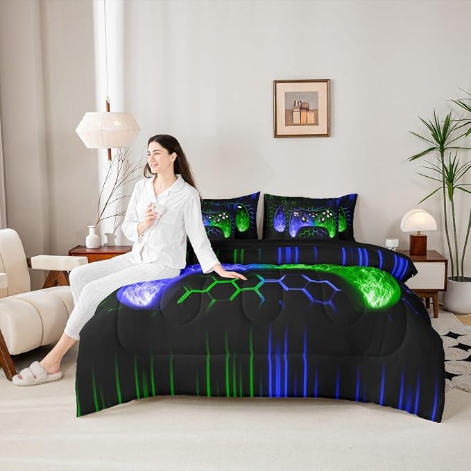 Erosebridal Boys Gaming Comforter Set 7 Piece Bed in a Bag Twin Ombre Art Honeycomb Bedding Set Blue Green Neon Lights Sheet Set Game Console Bed Set Geometric Hexagon Beehive Gaming Room Decor
