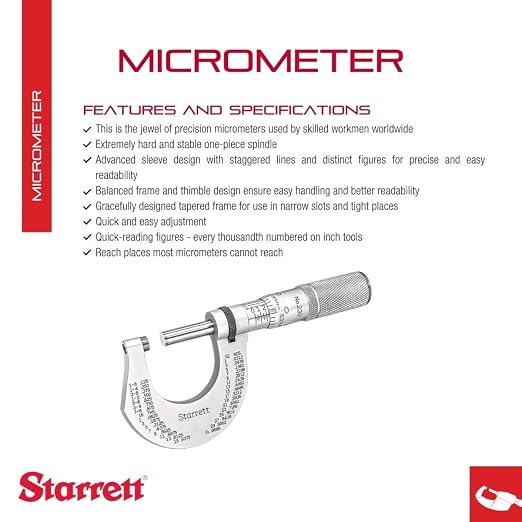 Starrett Outside Micrometer with One-Piece Spindle, Advanced Sleeve Design and Tapered Frame - Quick and Easy Adjustment, 0-1" Range, .0001" Graduation - T230XFL